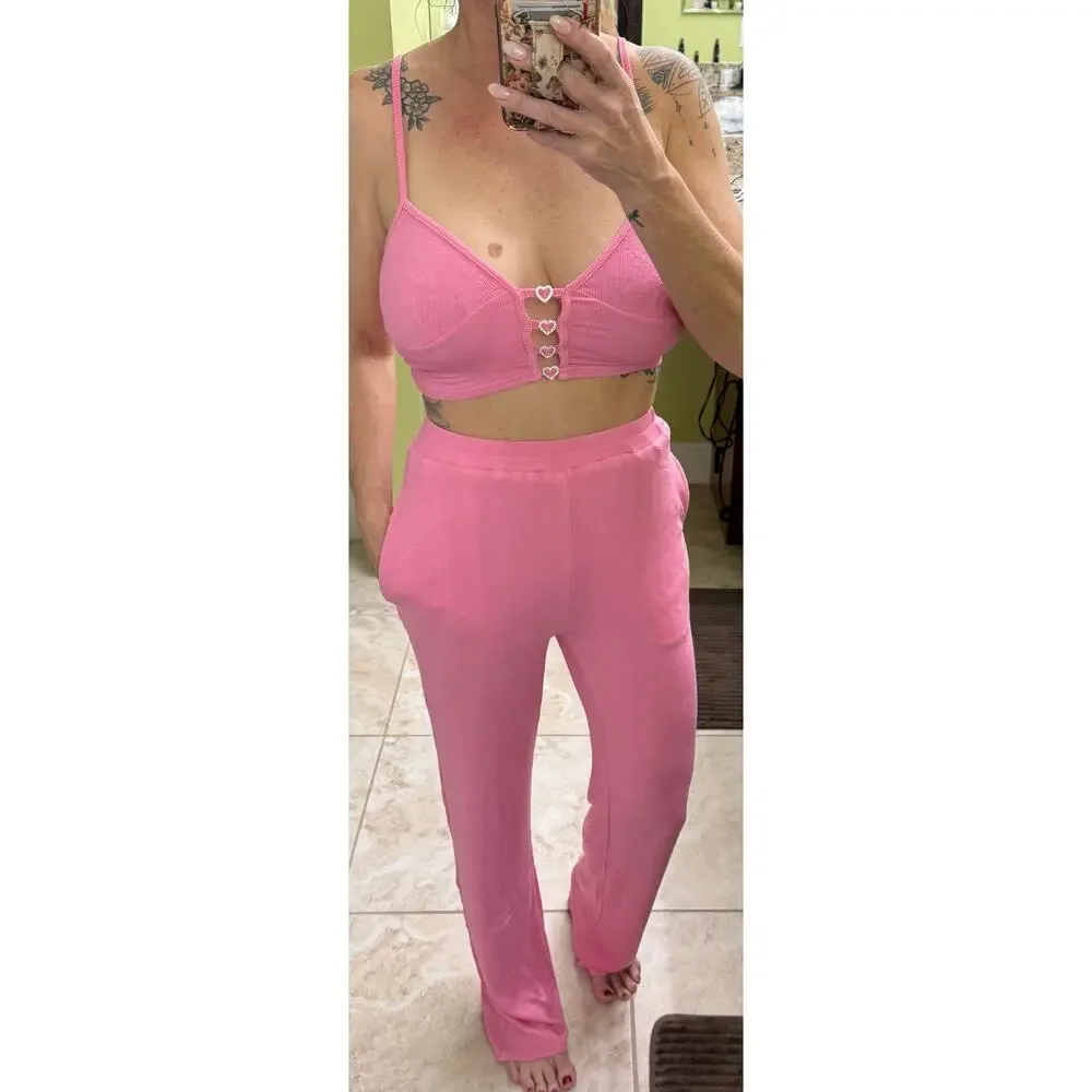 Hot & delicious Julia Heart Rib knit 2 piece pant set pink lined NWT Small - Picture 3 of 10